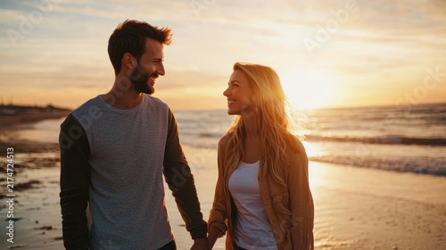 A loving couple portrait, holding hands and smiling at each other on a beach at sunset.