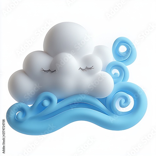 sleeping puffy white cloud with closed eyelashes resting among soft blue swirling waves, calm dreamy and peaceful expression