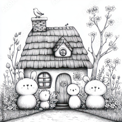 Cozy whimsical cottage with three round bunnies, a small hedgehog, blooming flowers and a bird on the chimney, gentle and cheerful