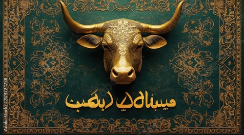 Majestic gilded bull head mounted on an ornate green backdrop with intricate gold filigree border and elegant Arabic calligraphy conveying opulence