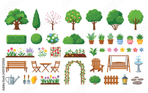 Collection of garden elements and plants in a colorful vector illustration