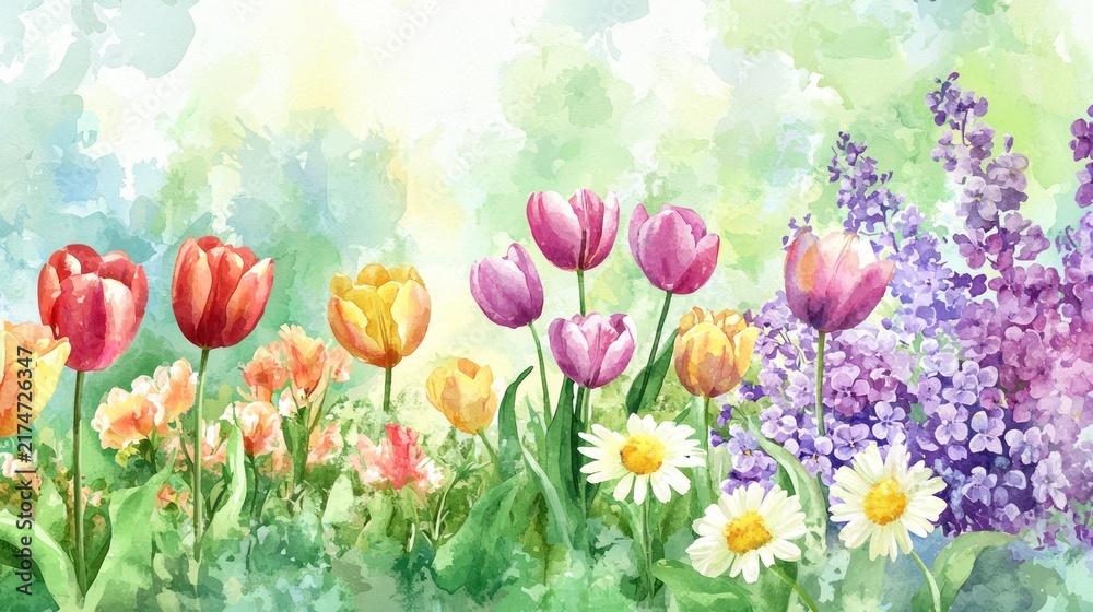 Fototapeta premium A watercolor illustration featuring a mix of blooming tulips, daisies, and lilacs, with subtle color blending.