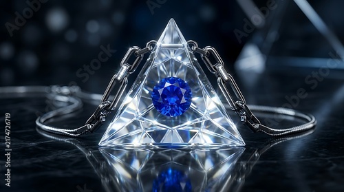 Faceted sapphire gemstone inside a clear glass pyramid with silver chain