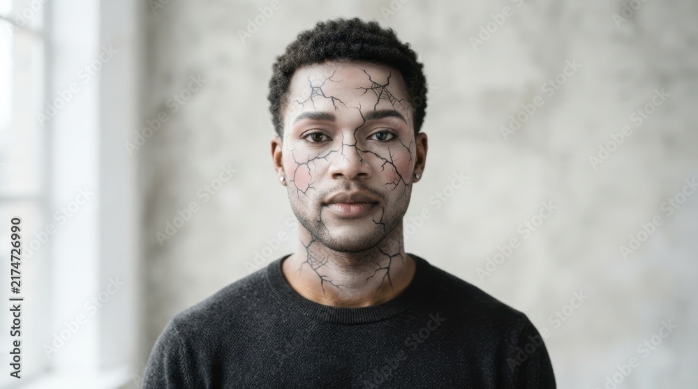 Obraz premium Cracked Reflection: A man with intricate crack-like patterns on his face gazes directly at the viewer, an enigmatic expression hinting at hidden stories and inner turmoil.