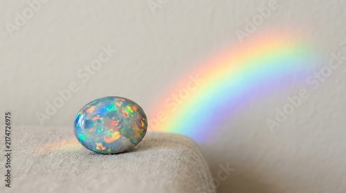 Oval opal gemstone resting on fabric next to a projected rainbow spectrum