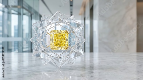 Radiant yellow diamond suspended in a geometric crystal star frame