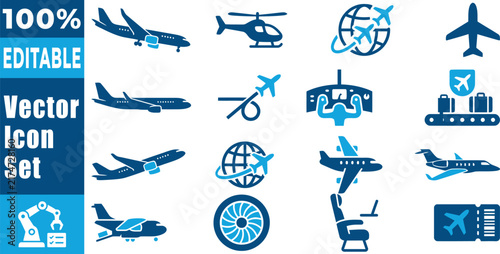 Set of modern blue travel and aviation vector icons featuring airplanes helicopters luggage and airport symbols for transportation design