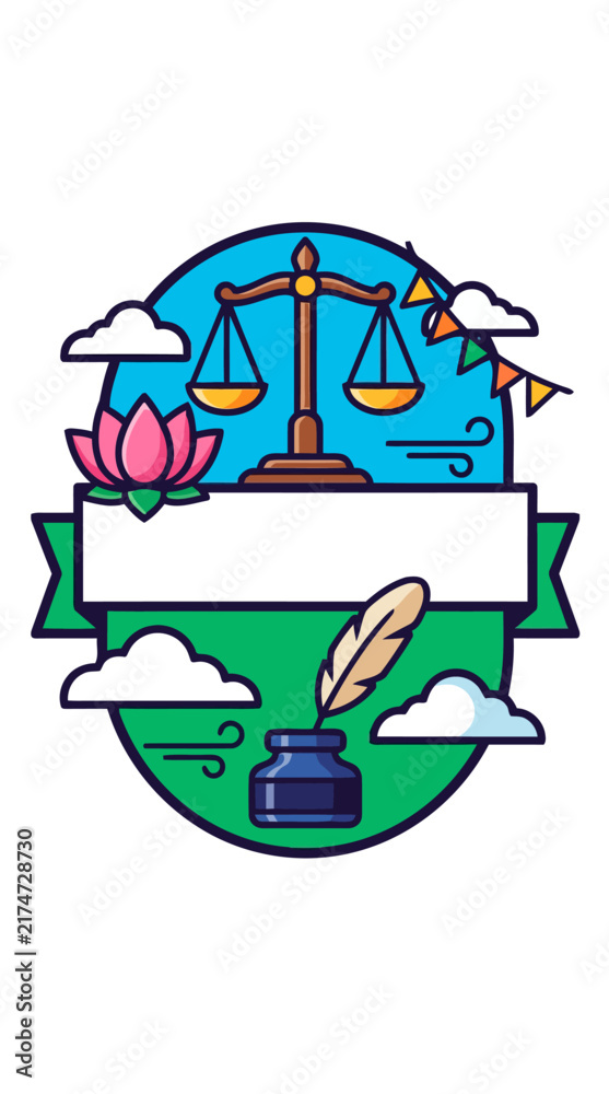 Fototapeta premium Modern Flat Vector Gandhi Jayanti Collection emblem with scales lotus and quill