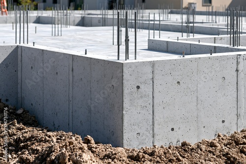 Obraz na płótnie 新築住宅の基礎工事現場コンクリートに鉄筋が立つ