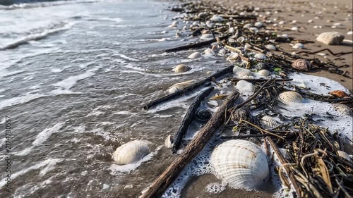 Ocean wave washing over seashells and driftwood on a sandy beach