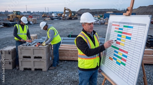 Project supervisor checking construction timeline on whiteboard