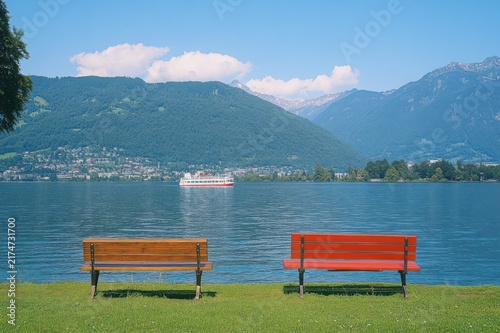 Two empty benches on a grassy lakeshore overlooking a calm blue lake with a white passenger boat, distant town and green mountains under a clear sky, peaceful and contemplative