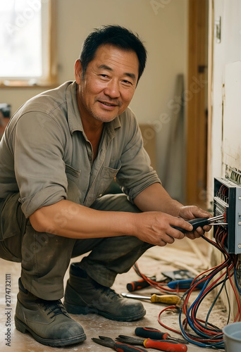 Home renovation and electrical repair  skilled electrician working on wiring in a residential building project with tools and equipment on the floor