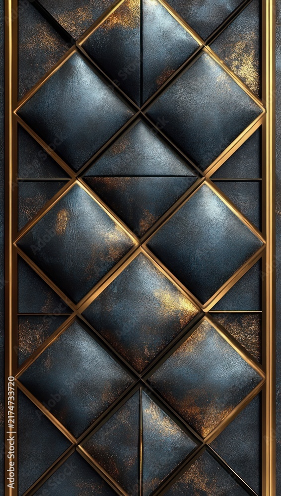 Fototapeta premium padded diamond leather panels framed by gold metal trim with aged patina, luxurious elegant decorative wall surface