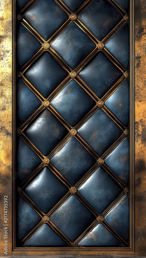 Fototapeta premium Tall tufted blue leather panel with gold lattice and decorative rosette studs in a distressed gilded frame, conveying opulent vintage elegance
