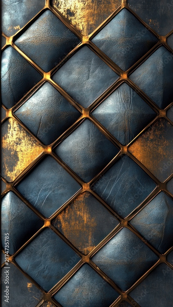 Naklejka premium Close up of tufted dark blue leather quilted diamonds with worn gold metallic trim and aged patina, luxurious and slightly distressed mood