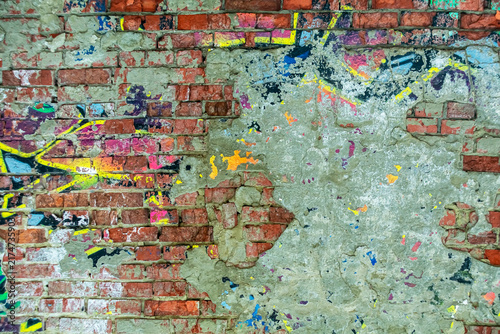 Abstract image of crumbling graffiti on a city street wall. Colorful abstract background. Old, cracked, peeling paint on the wall serves as a backdrop.	
