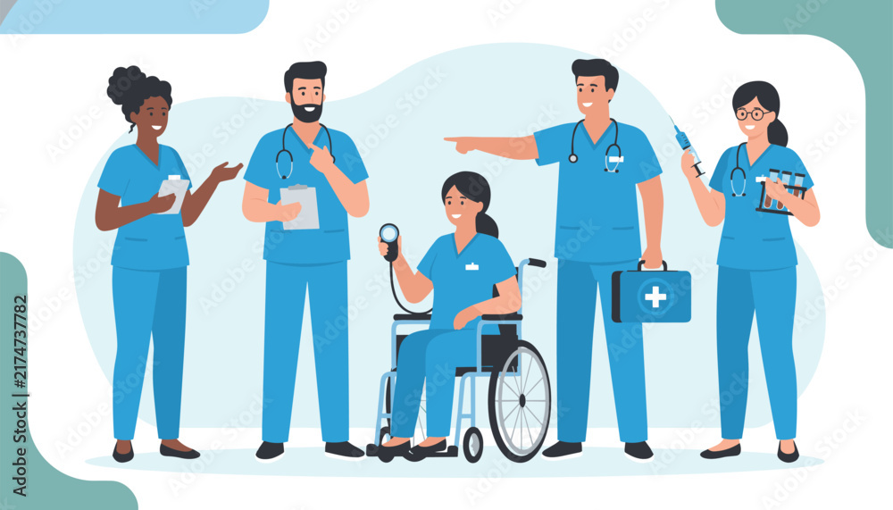 Fototapeta premium Group of five diverse medical professionals in blue scrubs standing with healthcare tools and smiling on a soft background.
