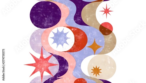 Retro abstract geometric collage with cosmic stars and wavy shapes. Mid century modern celestial design art. Vintage shapes and glowing stars arranged in a decorative composition