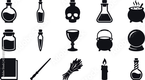 фотографія Collection of magical potion bottles, cauldrons, and wizardry in black silhouett