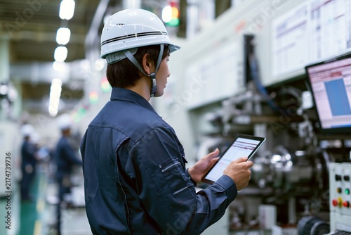 製造工場でタブレットを操作しデータ管理する日本人作業員