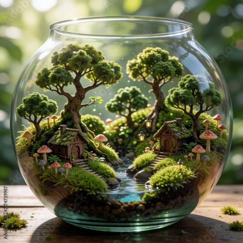 Miniature glass terrarium with serene forest scene at golden hour sunset