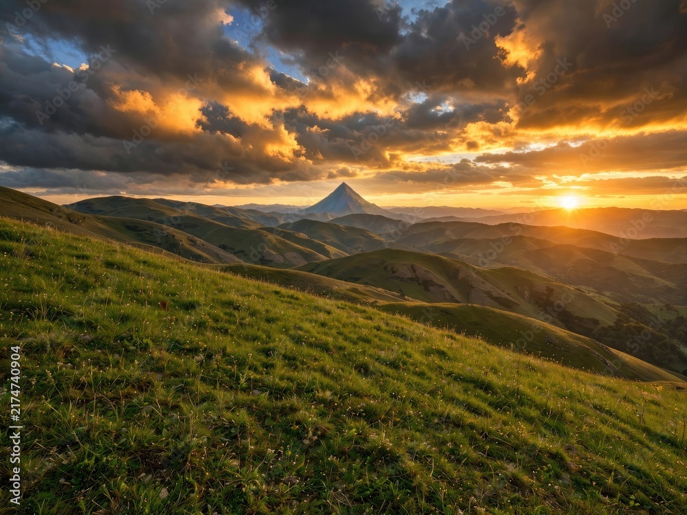 Obraz premium Majestic Mountain Peak Bathed in Golden Sunset Light Over Rolling Hills.