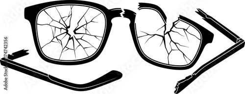 Black silhouette of broken eyeglasses with cracked lenses and snapped frame