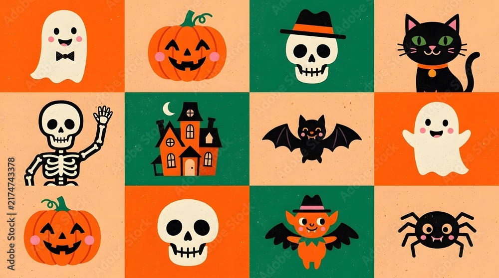 Fototapeta premium Seamless repeating pattern of cute Halloween or autumn elements gracefully displayed