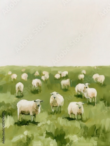 Impressionistic oil painting of a flock of sheep grazing in a lush green meadow
