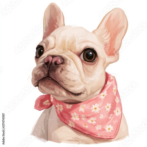 Charming French Bulldog Portrait with a Pink Floral Bandana