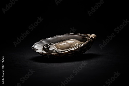 Fresh oyster in open shell displaying creamy interior on dark background with soft lighting highlighting its texture and natural contours.