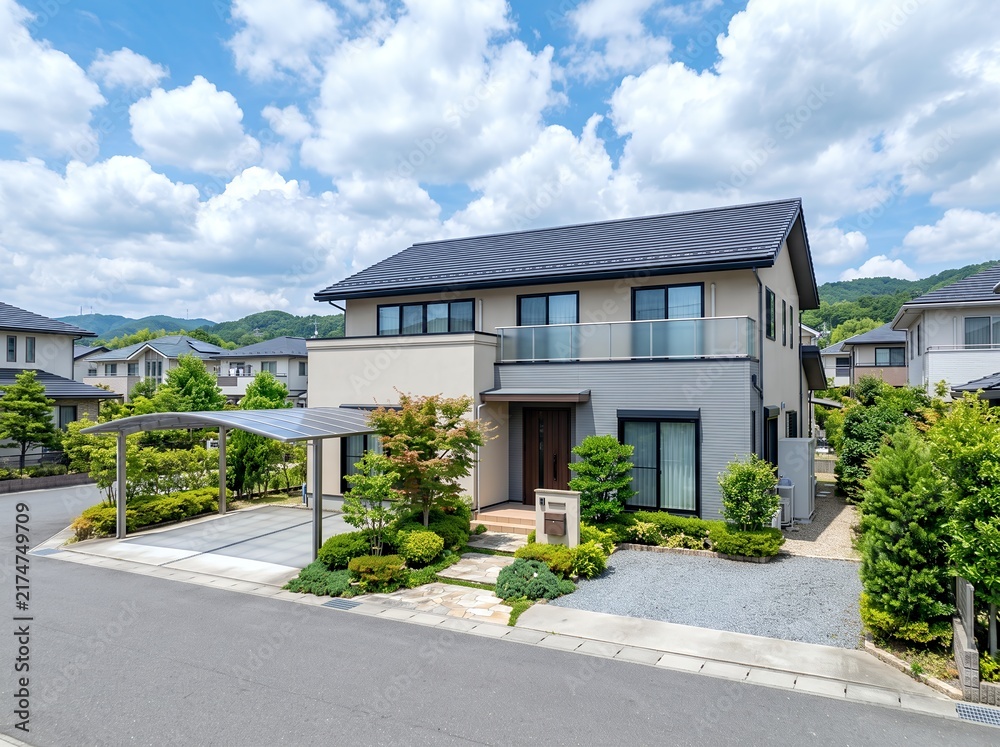 Fototapeta premium 青空と白い雲が広がる住宅街に建つモダンな新築一戸建ての家