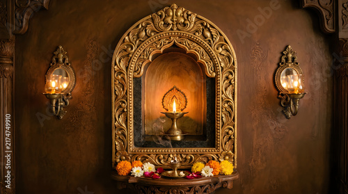 Traditional brass diya oil lamp glowing on wooden shelf with flowers and wall decor.