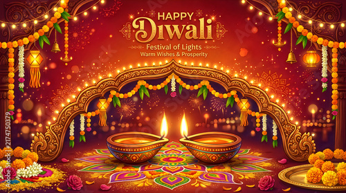 Happy diwali festival of lights warm wishes and prosperity greeting card design with diyas.