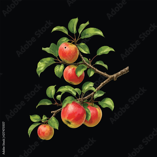 Realistic Apple Tree Branch with Ripe Red Apples and Green Leaves 