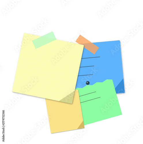 Flat filled sticky notes and documents with push pins illustration