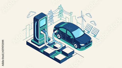 Electric vehicle charging at a public station, powered by a sustainable energy grid with solar panels, wind turbines, and power lines, illustrating eco-friendly transportation.