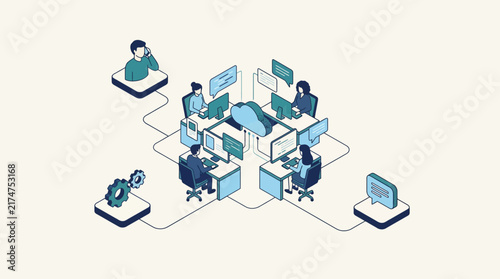 Isometric illustration of a professional team collaborating remotely, connected through a cloud network, symbolizing modern business operations, digital transformation, and IT infrastructure.