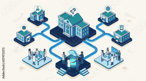 Isometric illustration of a digital healthcare network connecting hospitals, clinics, and medical professionals for data sharing and collaborative patient care.