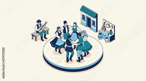 Isometric vector illustration depicting a traditional folk dance celebration with people in cultural costumes, a musician playing an instrument, and charming village elements.