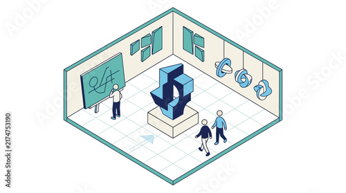 Isometric illustration of an art gallery with visitors admiring modern and digital artworks, including a large sculpture and an NFT display.