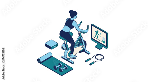Isometric illustration of a woman exercising on a stationary bike at home, surrounded by fitness equipment and a monitor displaying an online workout.