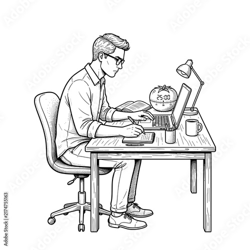 Worker using pomodoro timer at desk for neurodiversity productivity time management blog and website