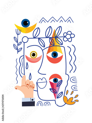 Abstract colorful doodle face portrait geometric cubism patterns handdrawn art print wallpaper design. Ideal for decoration, wall art, cards, poster and background.