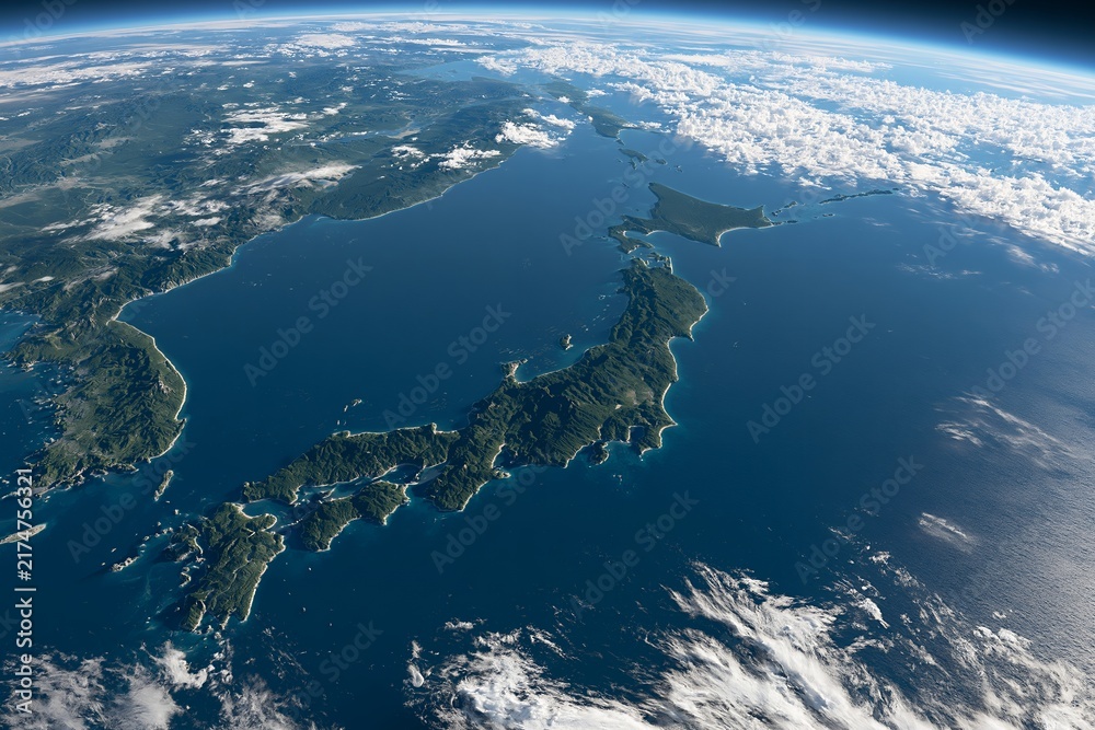 Fototapeta premium 青い地球に浮かぶ日本列島を宇宙から撮影した画像素材