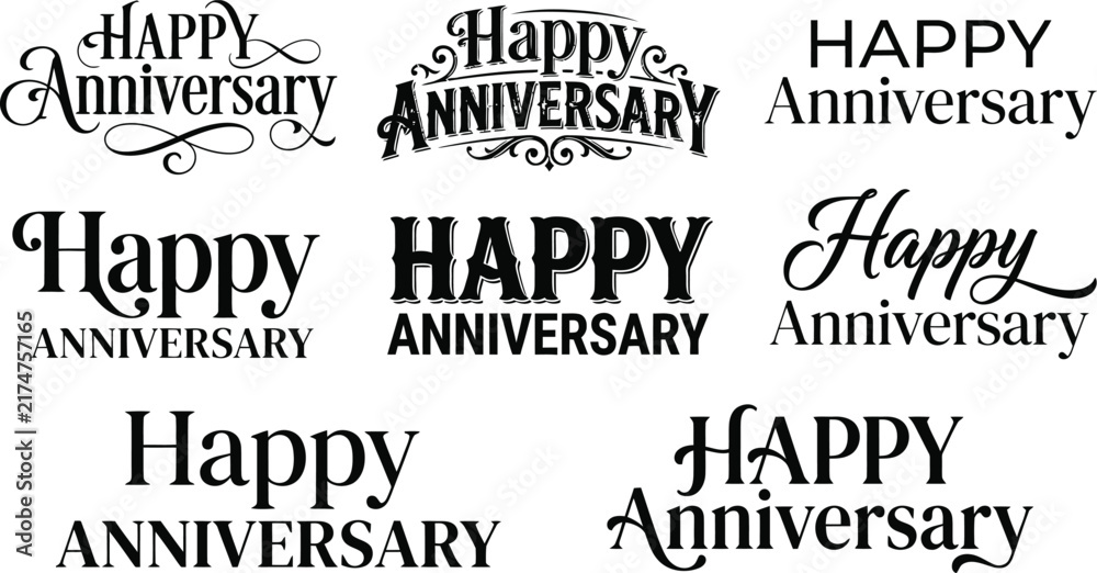 Obraz premium Collection of happy anniversary hand lettered calligraphy designs in various styles
