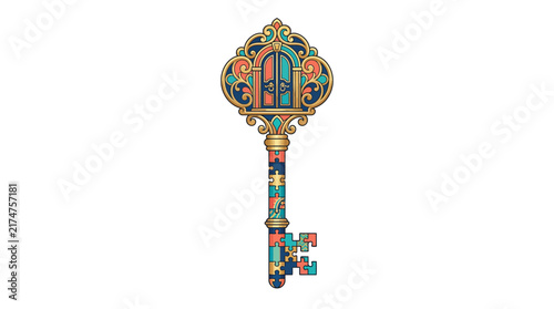 Ornate vintage key, colorful mosaic skeleton key vector