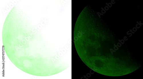 Green moon lunar phases illustration, glowing emerald celestial sphere on black and white backgrounds, mystical planet surface textures