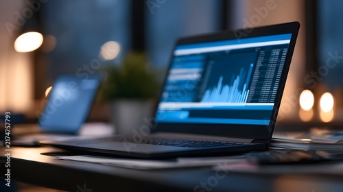 A laptop displays financial data charts on a desk with warm ambient lighting and blurred background elements